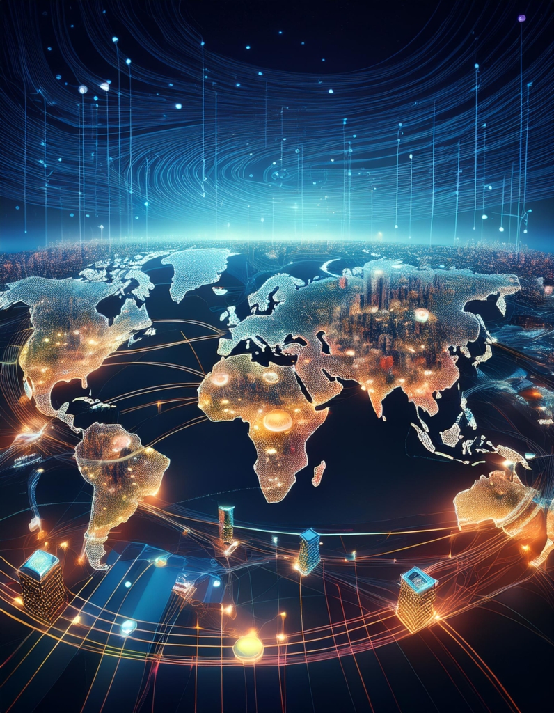 Firefly An abstract digital map overlaying a world landscape, with swirling lines and glowing icons