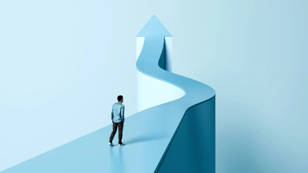 Onwards,And,Upwards,,Path,To,Success,,Man,Walking,On,Arrow,