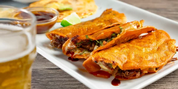 A view of a plate of quesabirria tacos.