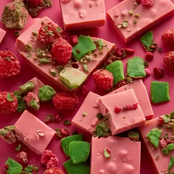 Firefly super super light pink square chocolate pieces coated with chunk of forest green candy crunc (2)
