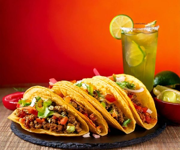 Firefly three delicious tacos and margaritas with a salted rim in the foreground; colorful backgroun