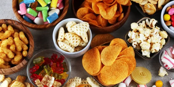 Salty,Snacks.,Pretzels,,Chips,,Crackers,And,Candy,Sweets.,Unhealthy,Products.