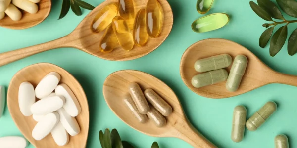 Different,Vitamin,Capsules,In,Spoons,And,Leaves,On,Turquoise,Background,