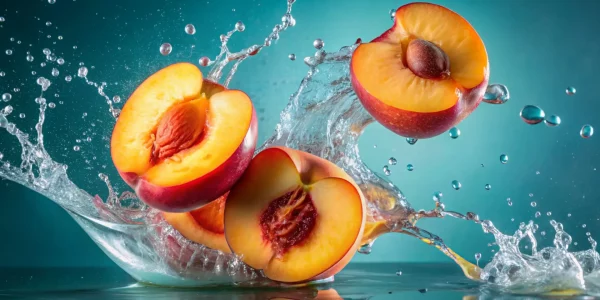 Freeze,Motion,Shot,Of,Flying,Peaches,Splashing,Into,Water,On