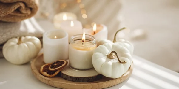 Atmospheric,Aroma,Candles,With,Sweet,Spicy,Scent,And,White,Pumpkins